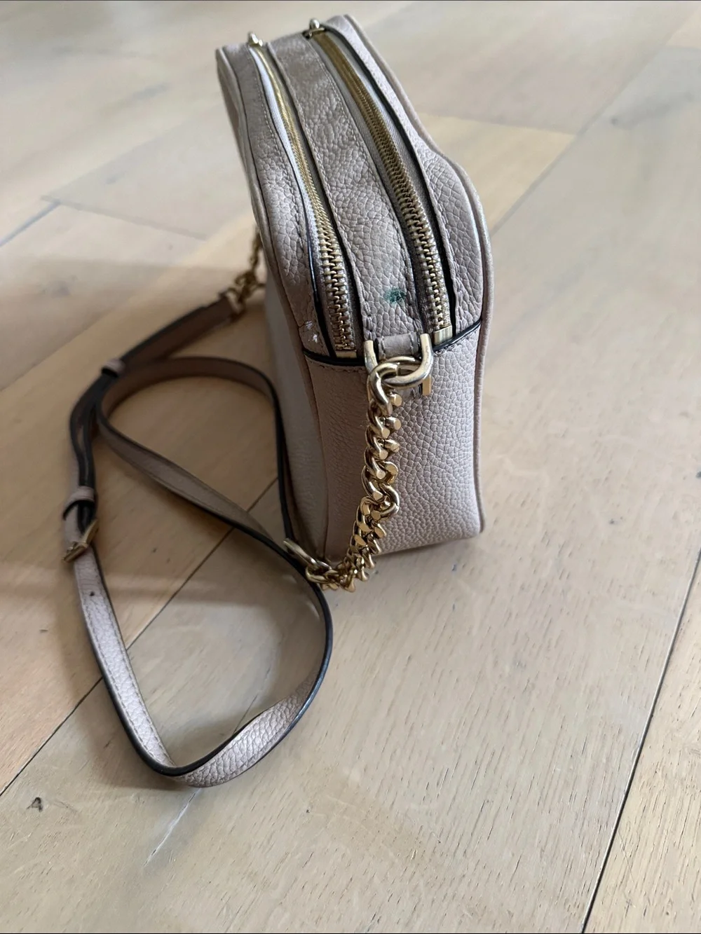 Michael Kors Taupe Pebbled Leather Crossbody with Gold Chain
